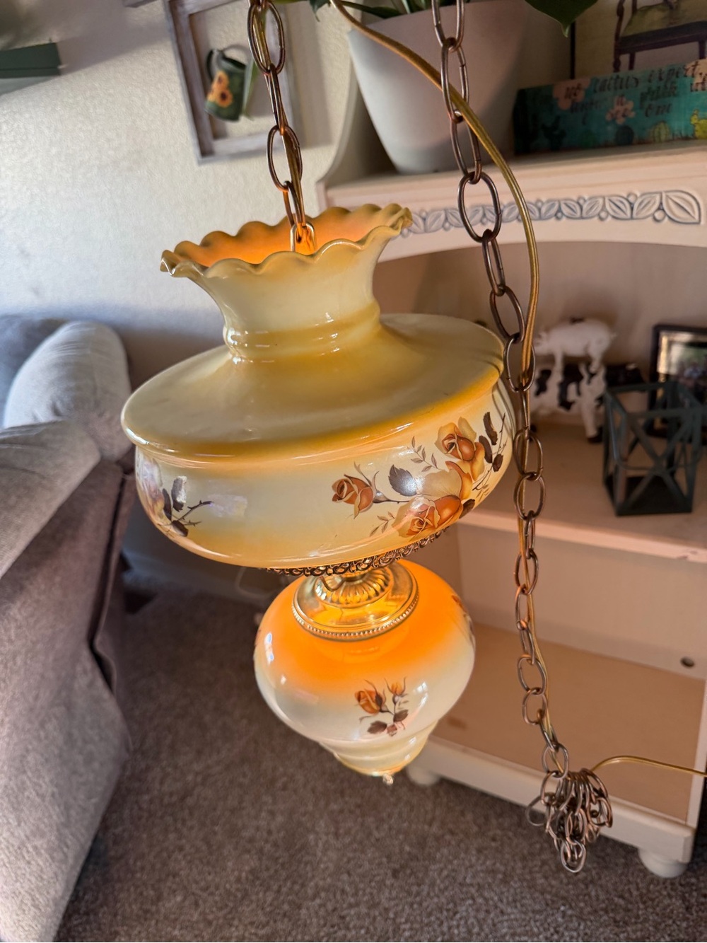 Vintage Floral Glass Hanging Lamp - Yellow Orange - Picture 2 of 6